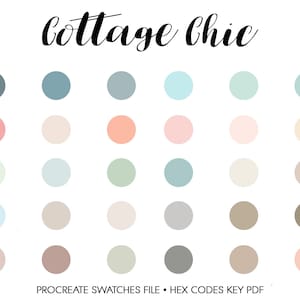 Puede incluir: Una colección de 30 muestras de colores pastel en un patrón de cuadrícula, cada una un círculo sólido. El texto "Cottage Chic" está escrito en cursiva en la parte superior. Debajo, el texto dice "Procreate Swatches File • Hex Codes Key PDF".