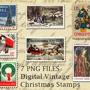 VINTAGE CHRISTMAS Stamps, Digital Christmas Clipart, Digital Scrapbook Stamps, Digital Reproductions Retro Christmas Stamps, 7 PNG Files