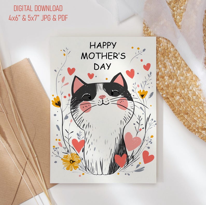 Mothers Day Card Printable, Funny Cat Card for Mom, Floral Mothers Day ...