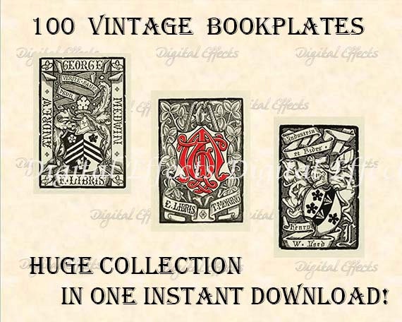 100 Printable Vintage Bookplates, JPG Files, Digital Bookplates, Customizab...