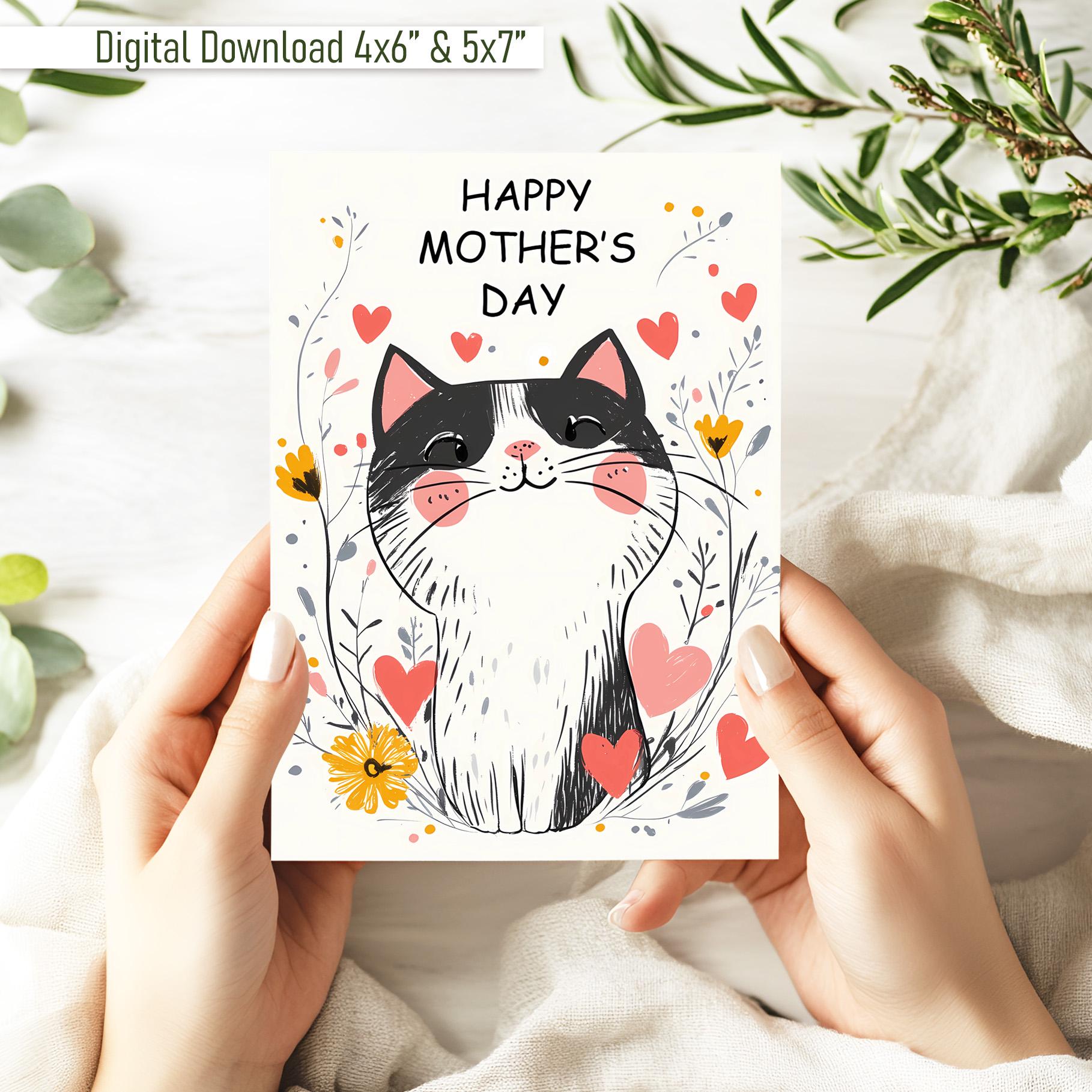 Mothers Day Card Printable, Funny Cat Card for Mom, Floral Mothers Day ...