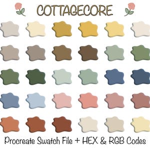 May include: A collection of 28 color swatches in a variety of muted tones, including shades of beige, green, blue, and pink. The word "COTTAGECORE" is written in a whimsical font above the swatches, with the text "Procreate Swatch File + HEX & RGB Codes" below.