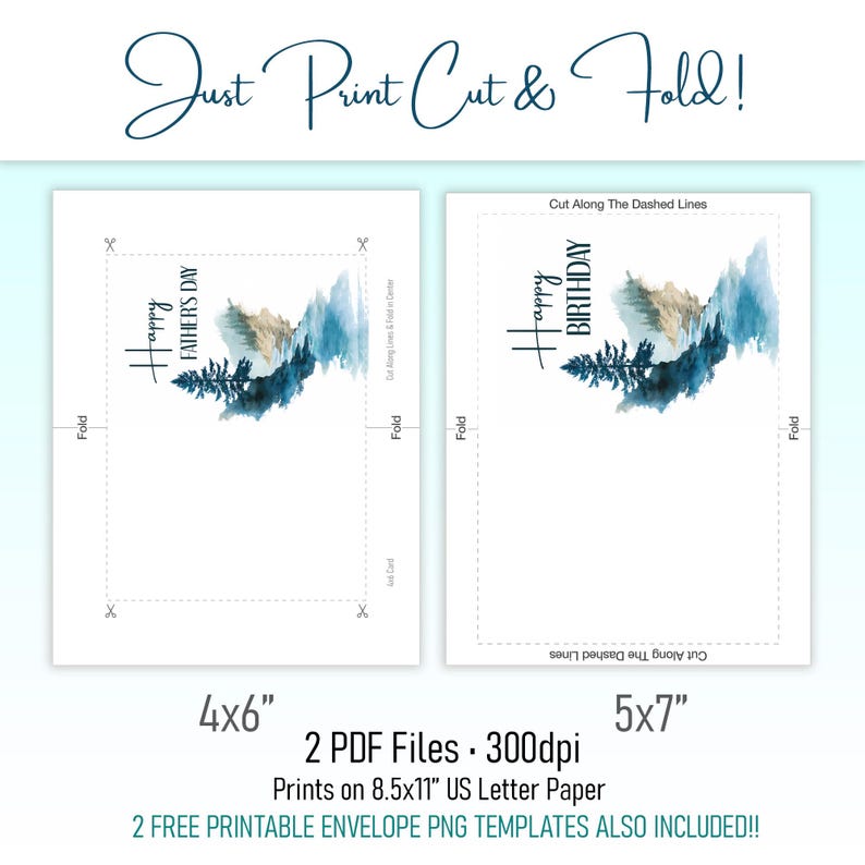Watercolor Birthday Card for Him: Printable DIY With Envelopes (digital ...