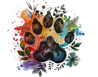 PAW Print PNG, Rainbow Paw Print Sublimation Design, Commercial Use, POD, BoHo Watercolor Floral Paw Png, Dog Paw Cat Paw Png, Sublimate Png