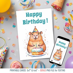 Cartão de Feliz Aniversário Capivara, Cartão de Aniversário Digital para Imprimir e Modelo de Envelope, Cartão de Aniversário Eletrônico, Cartões de Aniversário Infantis Fofos 5x7" 4x6"