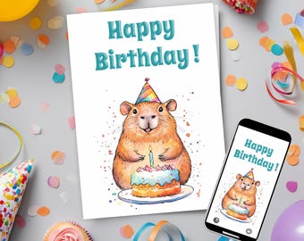 Capybara Happy Birthday Card, Printable Digital Birthday Card & Envelope Template, Ecard Birthday Card, Cute Child Birthday Cards 5x7" 4x6"