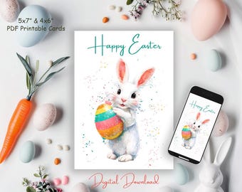Watercolor Easter Card, Easter Bunny: Printable DIY with Envelopes (Digital Download 5x7" & 4x6")