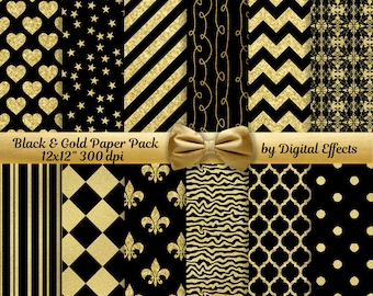 Black & GOLD Printable Digital Paper Pack, Gold Foil Pattern Digital Paper 12x12"  Scrapbook Paper, Geometric Pattern, Seamless Pattern, CU