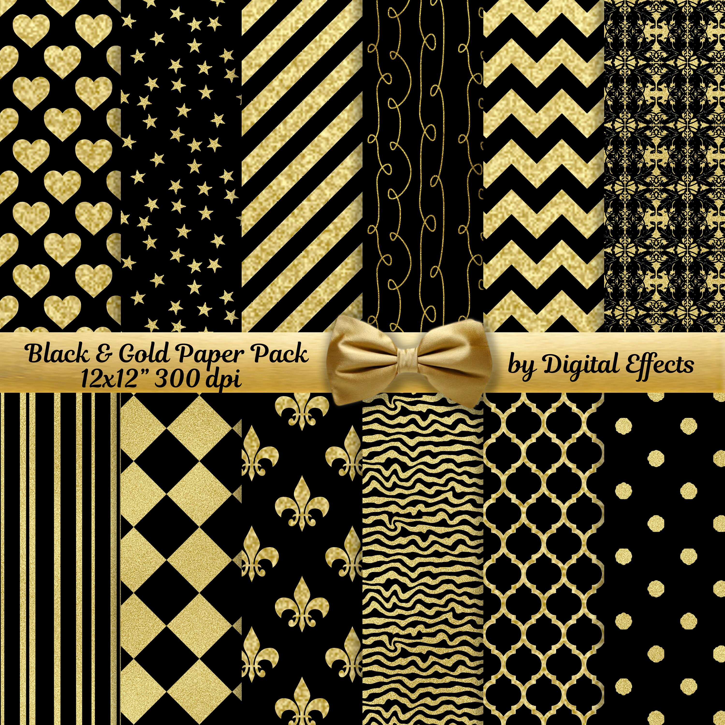 Black & GOLD Printable Digital Paper Pack, Gold Foil Pattern Digital ...