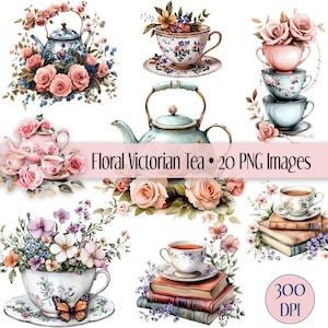 Puede incluir: Un conjunto de 20 imágenes digitales con tazas de té victorianas florales, teteras y arreglos florales. Las imágenes son de 300 DPI y perfectas para proyectos de manualidades, scrapbooking y diseño digital.