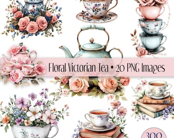 Watercolor Teapot Clipart, Vintage Floral Tea Set 20 PNGs, Tea Cup Illustration, Bridal Shower, Mother's Day Digital Download,Commercial Use