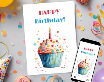 Watercolor Cupcake Birthday Card, Printable 5x7 & 4x6 + Printable Envelopes (Digital Download)