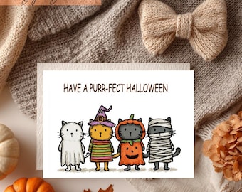 Printable Halloween Card, Digital Download Cute Funny Cats Card For Halloween 5x7" 4x6" + Printable Envelopes, DIY Happy Halloween Card PDF
