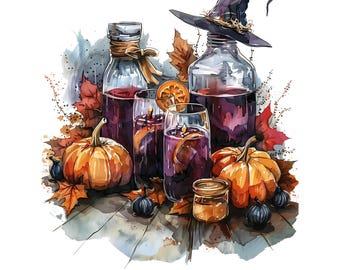 Halloween PNG Watercolor, Apothecary Clipart Witchy Sublimation Design, Commercial Use, PoD, Light Academia, Gothic Sublimate Png, DTF, DTG