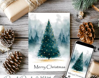 Watercolor Christmas Card, Whimsical Christmas Tree, Gold Lights, Digital Holiday Greeting Card 5x7" & 4x6" + Printable DIY Envelopes