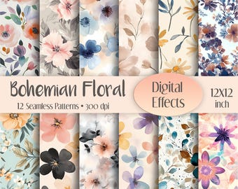 Boho Flowers Seamless Pattern Bundle | Vintage Junk Journal Cottagecore Watercolor Pastels  | Digital Scrapbooking JPG 12x12