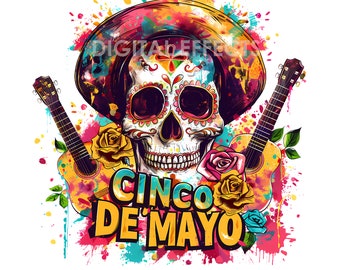 Cinco de Mayo PNG, Cinco de Mayo Skull with Guitars Roses, Sugar Skull Png, Fiesta Png, Mexican Skull Sublimate, DTG, DT,  Digital Downloads