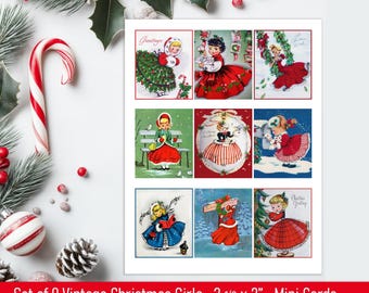 Mini Christmas Cards Printable, Vintage 1950s Christmas Girls Collage Sheet, Holiday Ephemera, Christmas Tags & Stickers, Digital Download