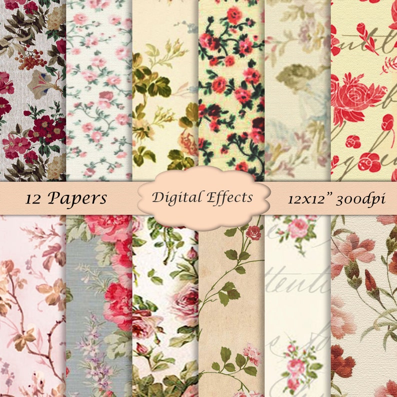VINTAGE Floral Digital Paper, 12x12 Printable Scrapbook Paper Pack