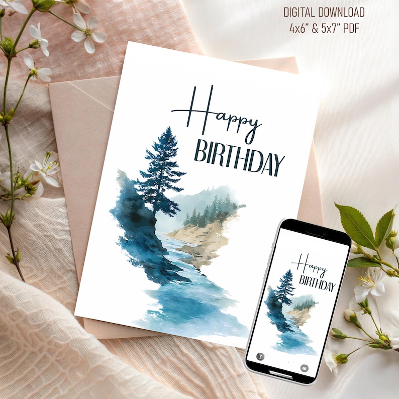 Watercolor Birthday Card for Him: Printable DIY With Envelopes (digital ...