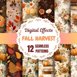 Puede incluir: Una colección de 12 patrones digitales sin costuras con temática de cosecha de otoño. Los patrones presentan calabazas, hojas de otoño y arreglos florales en colores cálidos como naranja, marrón y crema. Se muestra el texto "Digital Effects Fall Harvest".