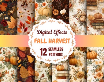 Fall Seamless Pattern Bundle | Bookish Pumpkins Autumn Leaves Cottagecore Watercolor Floral Digital Scrapbooking JPG