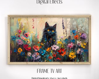 Samsung Frame TV Art, Black Cat Art, Abstract Flower Frame TV Picture, Impasto Painting, Wildflowers Impressionist Oil Painting, 4K Frame TV