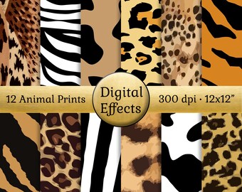 ANIMAL PRINTS Digital Paper Pack 12x12", 12 Digital Scrapbook Papers Tiger Print, Leopard Print, Zebra Print, Cow Print, Commercial Use Ok