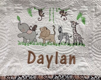 Safari Zoo Jungle Animal Embroideried Baby Quilt. Add a name if you like. Elephant Lion Zebra Giraffe Monkeys 36x46 Ships Free from FL.