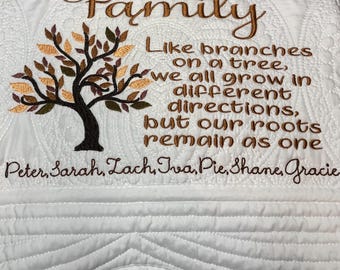 Personalized Family Tree Embroidered Quilt, Custom Trim