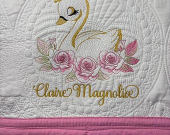 Embroidered Swan Princess Baby Quilt, Personalized Nursery Blanket (36x46)