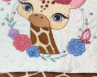 Baby Giraffe Embroideried Baby Quilt with Giraffe Print Trim. 36x46 Size. Add a name if you like. Ships Free from FL.