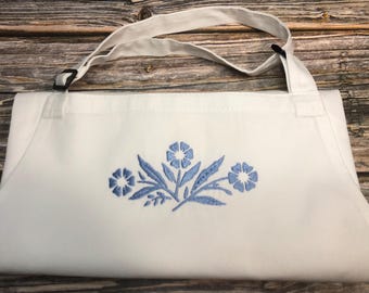 Blue Cornflower Embroidered Apron: Corning Ware Inspired, 100% Cotton