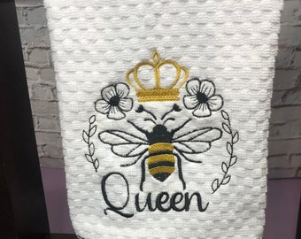 Embroidered Queen Bee Towels. Great gift for Mothers Day. Choose Terry or Tea Towel with or without Ruffle. Ships fast from Florida.