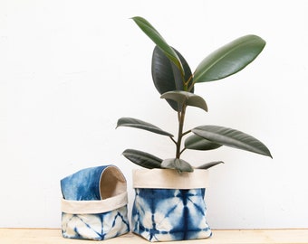 XL Hand Dyed Fabric Basket in Indigo Shibori - Planter - Storage - Home Decor - BoHo- Wabi Sabi - Home Furnishing - Sustainable Gifts