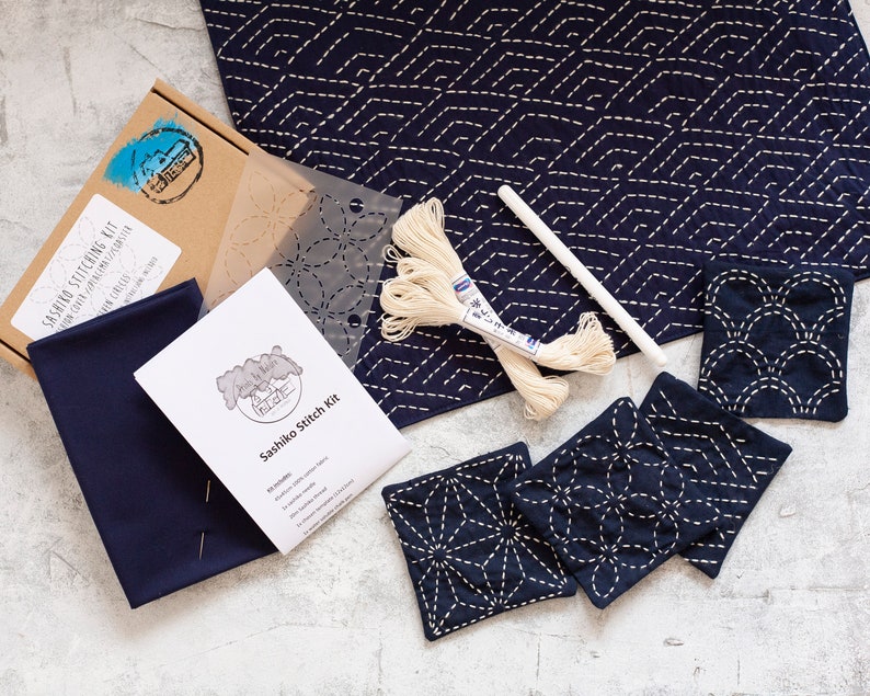 Sashiko Stitch Kits DIY Slow Stitch a Cushion, Coasters or Placemat, 100% Cotton Gifts for Crafters, Beginner Kits, All Tools Included 