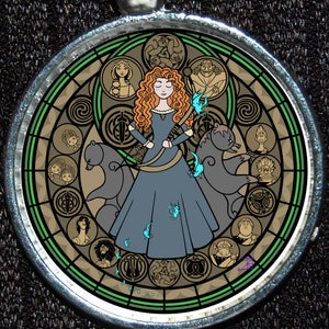 Princess Merida Brave Scottish MULTIPLE STYLES Round Stained Glass Style Silver Disney Pendant Necklace Jewelry Dark