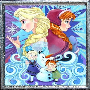 May include: A silver pendant featuring a colorful illustration of the Disney Frozen characters Elsa, Anna, Olaf, and a younger version of Anna. The background is a purple and blue swirl with snowflakes.