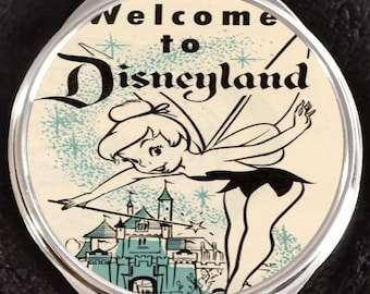 Vintage Poster Tinkerbell Sleeping Beauty Castle Peter Pan Fairy Welcome to Disneyland Walt Disney World Makeup Compact Mirror