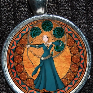 Princess Merida Brave Scottish MULTIPLE STYLES Round Stained Glass Style Silver Disney Pendant Necklace Jewelry