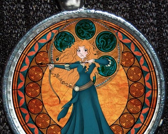 Princess Merida Brave Scottish MULTIPLE STYLES Round Stained Glass Style Silver Disney Pendant Necklace Jewelry