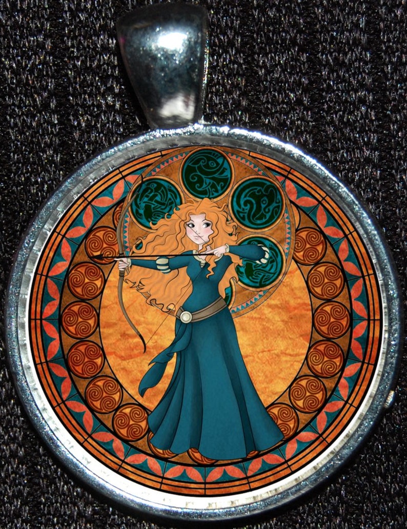 Princess Merida Brave Scottish MULTIPLE STYLES Round Stained Glass Style Silver Disney Pendant Necklace Jewelry Orange