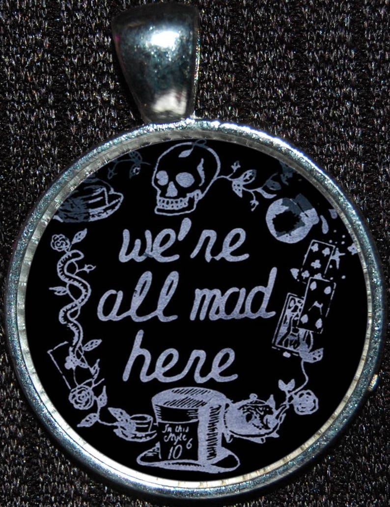 Alice in Wonderland Cheshire Cat We're All Mad Here Disney Silver Pendant Necklace Jewelry image 1