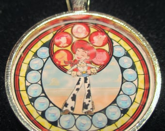 Jessie Cowgirl Woody Toy Story Round Stained Glass Style Silver Disney Pendant Necklace Jewelry