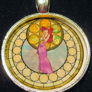 Hercules Meg Round Stained Glass Style Cutie Silver Disney Pendant Necklace Jewelry