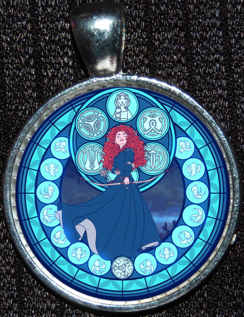 Princess Merida Brave Scottish MULTIPLE STYLES Round Stained Glass Style Silver Disney Pendant Necklace Jewelry Blue