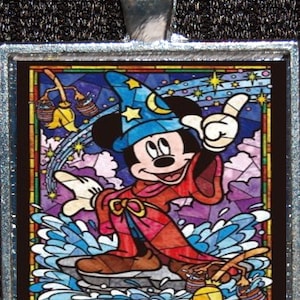 Mickey Mouse Sorcerers Apprentice Wizard Hat Fantasia Stained Glass Style Silver Disney Pendant Necklace Jewelry Disneyland World