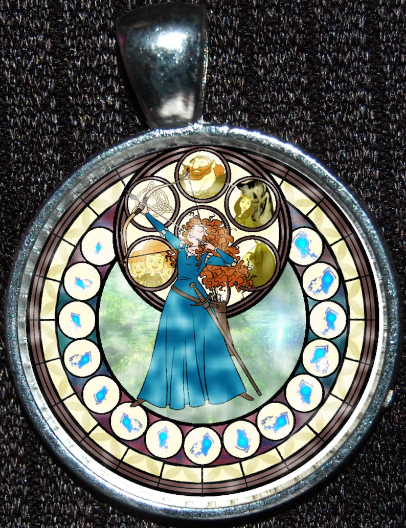 Princess Merida Brave Scottish MULTIPLE STYLES Round Stained Glass Style Silver Disney Pendant Necklace Jewelry Light