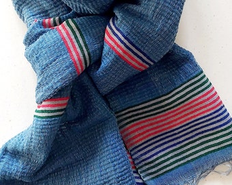 Indigo Blanket Scarf - Sea Blue Red Stripe Oversized Scarf - Unisex Handwoven Organic Cotton Wool Blanket Scarves Wraps Mens - Gift for Him