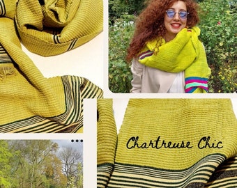 Chartreuse Green Scarf - Handwoven Cotton Tie Dyed Gorgeous Soft Wool Organic Blanket Scarves Wraps - Yellow Stripe Scarf - Gift Handmade